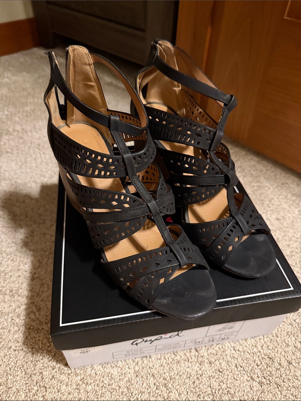 Qupid Black Laser-Cut Strappy High Heel Sandals